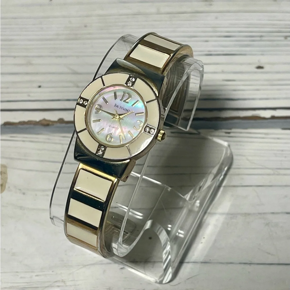 NEW BATTERY Vintage 90s Bangle Watch Bay Studio Cream Gold Ivory Mother Of Pearl